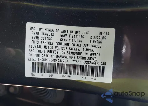 2016 Honda Accord Ex-L V-6 from USA, damaged, VIN 1HGCR3F04GA035786